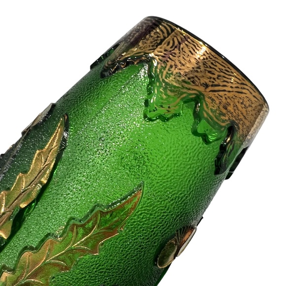 2 VINTAGE EARLY AMERICAN PATTERN GLASS DELAWARE EMERALD GREEN & GOLD VASES - Picture 15 of 16